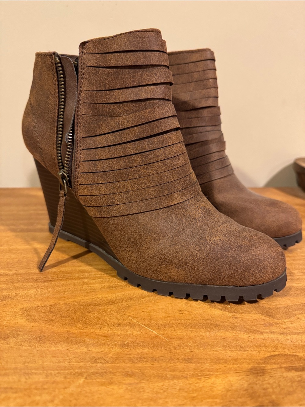 Sugar Brown Layered Wedge Ankle Booties with Side Zip